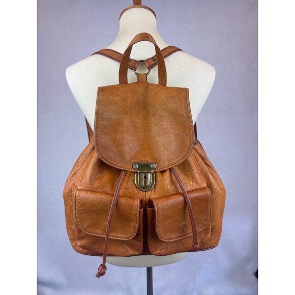 Unknown Handbags - Vintage Italian Leather Backpack Brass Hardware Lots of Pockets Drawstring